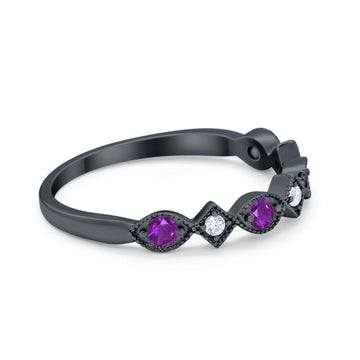 Art Deco Stacking Half Eternity Wedding Ring Black Tone, Simulated Amethyst CZ 925 Sterling Silver
